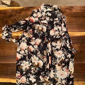 Button down cold shoulder floral dress shirt.